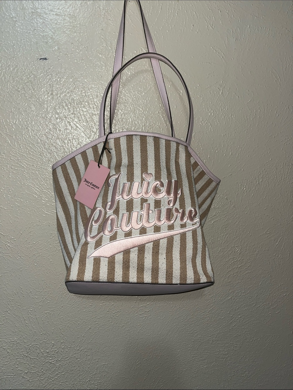 Juicy Couture Pink Trim Beige & White Striped Tote